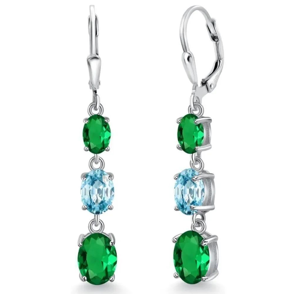 925 Sterling Silver with 4.80 Cttw 3 Stone Emerald and Blue Zircon Drop Earrings
